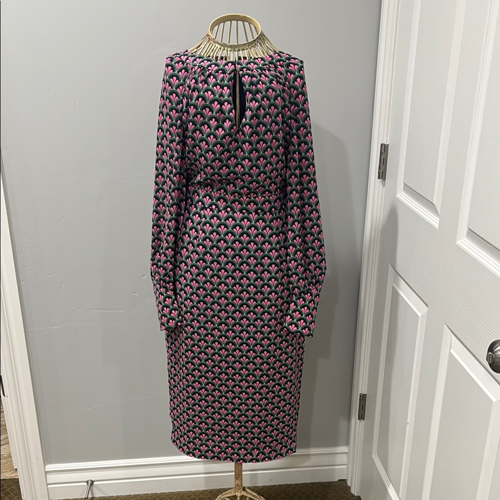 Boden Pink and Blue Sheath Dress with Bishop Sleeves Crew Neck